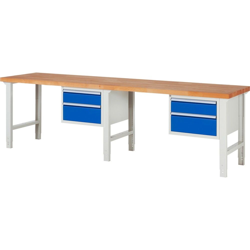 Produktabbildung: RAU Werkbank Serie 7000, 2 Container, HxBxT 790-1.140 x 3.000 x 700 mm, 4 x 100%-Auszug-Schubladen 2 x 150 mm, 2 x 210 mm
