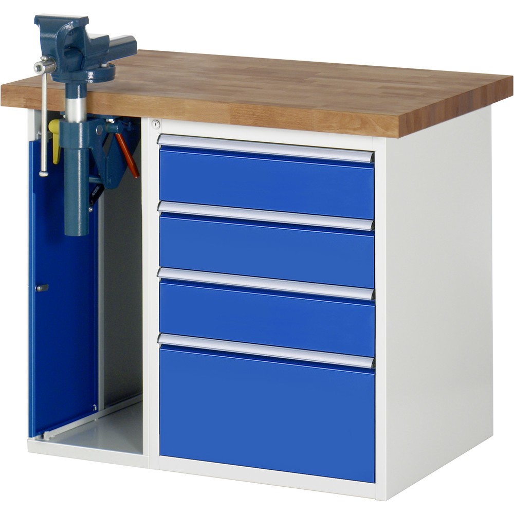 Produktabbildung: RAU Werkbank Serie 7000, 2 Container, SchraubstockHxBxT 890 x 1.000 x 700 mm, 4 x 100%-Auszug-Schubladen, Schubladen-TK 100 kg