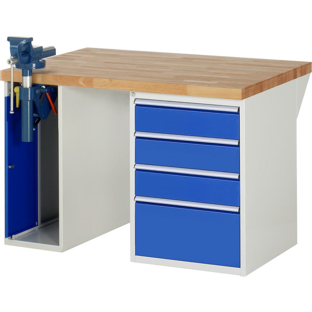 Produktabbildung: RAU Werkbank Serie 7000, 2 Container, SchraubstockHxBxT 890 x 1.250 x 900 mm,  4 x 90%-Auszug-Schubladen, Schubladen-TK 100 kg