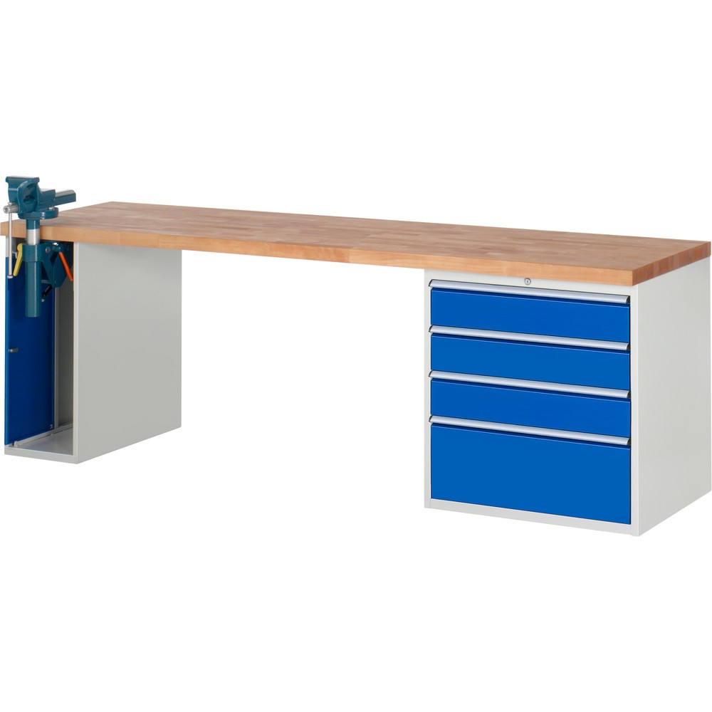 Produktabbildung: RAU Werkbank Serie 7000, 2 Container, SchraubstockHxBxT 890 x 2.500 x 700 mm, 4 x 90%-Auszug-Schubladen, Schubladen-TK 75 kg