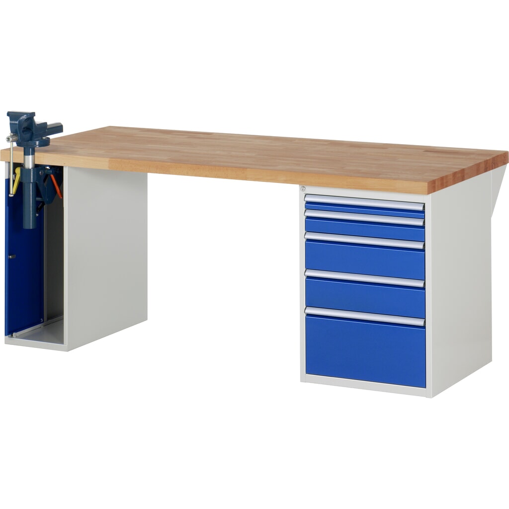 Produktabbildung: RAU Werkbank Serie 7000, 2 Container, Schraubstock, HxBxT 890 x 2.000 x 900 mm, 5 x 90%-Auszug-Schubladen
