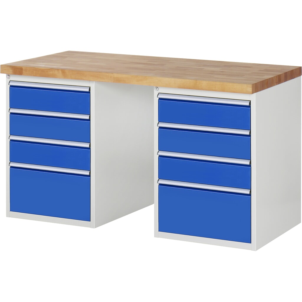 Produktabbildung: RAU Werkbank Serie 7000, 2 Container, HxBxT 890 x 1.500 x 700 mm, 8 x 90%-Auszug-Schubladen 6 x 150, 2 x 270 mm