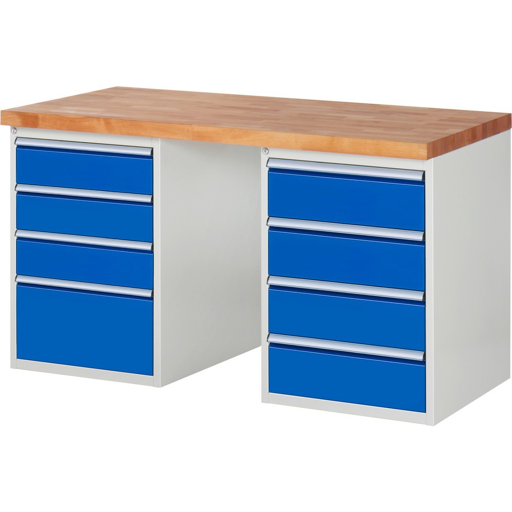 Produktabbildung Nr. 1: RAU Werkbank Serie 7000, 2 Container, HxBxT 890 x 1.500 x 700 mm, 8 x 90%-Auszug-Schubladen 3 x 150, 4 x 180, 1 x 270 mm