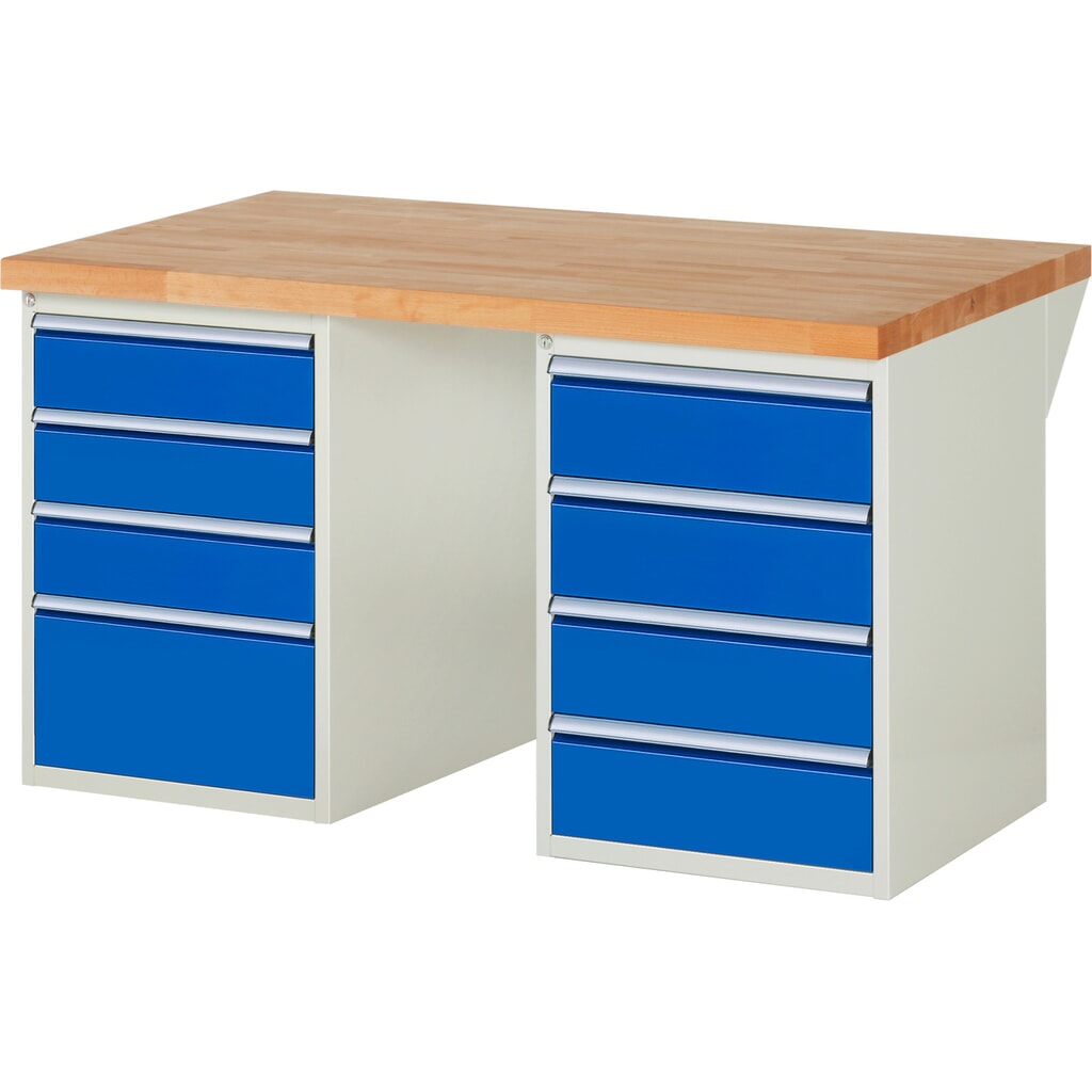 Produktabbildung: RAU Werkbank Serie 7000, 2 Container, HxBxT 840 x 1.500 x 900 mm, 8 x 100%-Auszug-Schubladen 3 x 150 mm, 4 x 180 mm, 1 x 270 mm