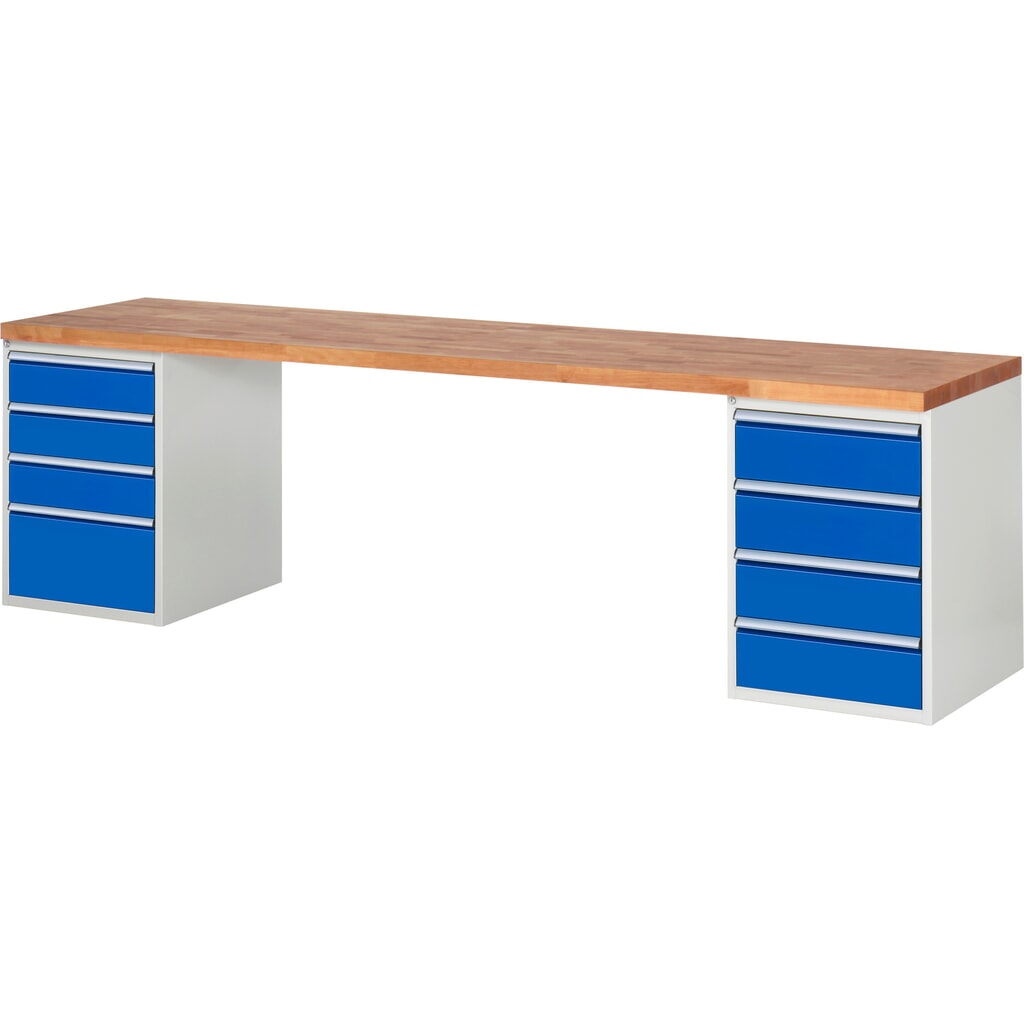 Produktabbildung: RAU Werkbank Serie 7000, 2 Container, HxBxT 840 x 3.000 x 900 mm, 8 x 100%-Auszug-Schubladen 3 x 150 mm, 4 x 180 mm, 1 x 270 mm