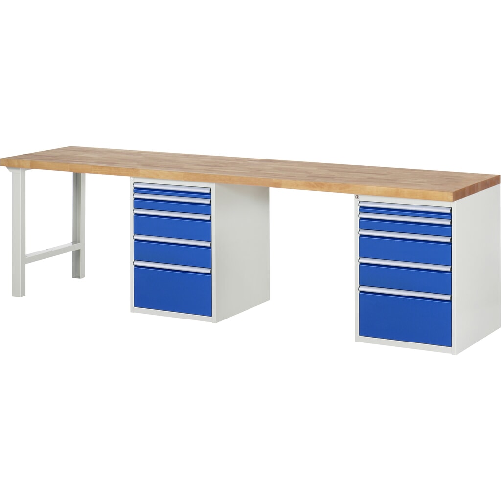 Produktabbildung: RAU Werkbank Serie 7000, 2 Container, HxBxT 890 x 3.000 x 700 mm, 10 x 90%-Auszug-Schubladen 2 x 60, 2 x 90, 4 x 150, 2 x 270 mm