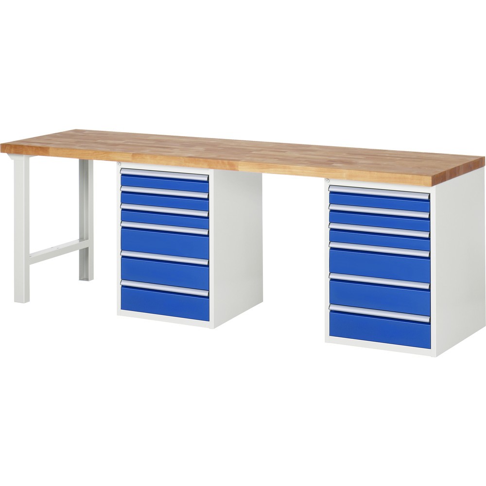 Produktabbildung: RAU Werkbank Serie 7000, 2 Container, HxBxT 890 x 2.500 x 700 mm, 12 x 90%-Auszug-Schubladen 6 x 90 mm, 6 x 150 mm