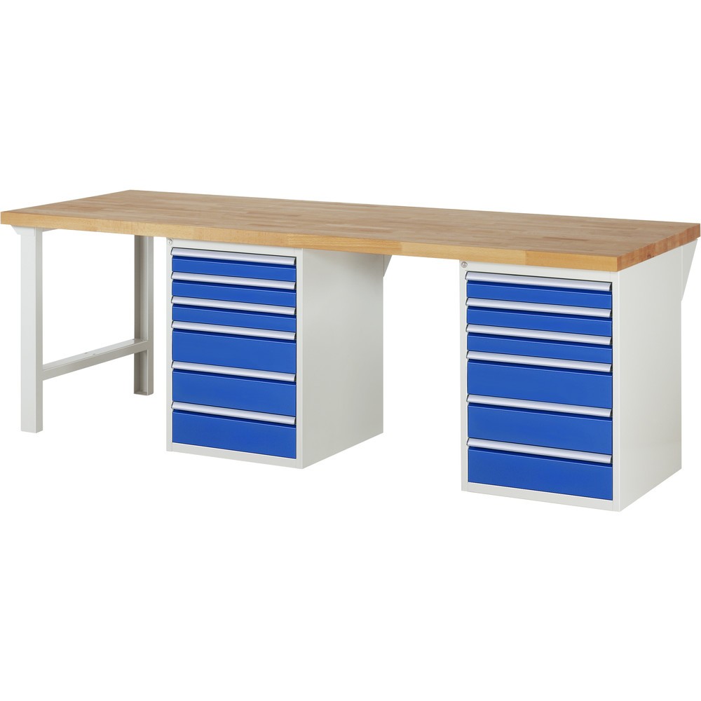 Produktabbildung: RAU Werkbank Serie 7000, 2 Container, HxBxT 890 x 2.500 x 900 mm, 12 x 90%-Auszug-Schubladen 6 x 90 mm, 6 x 150 mm