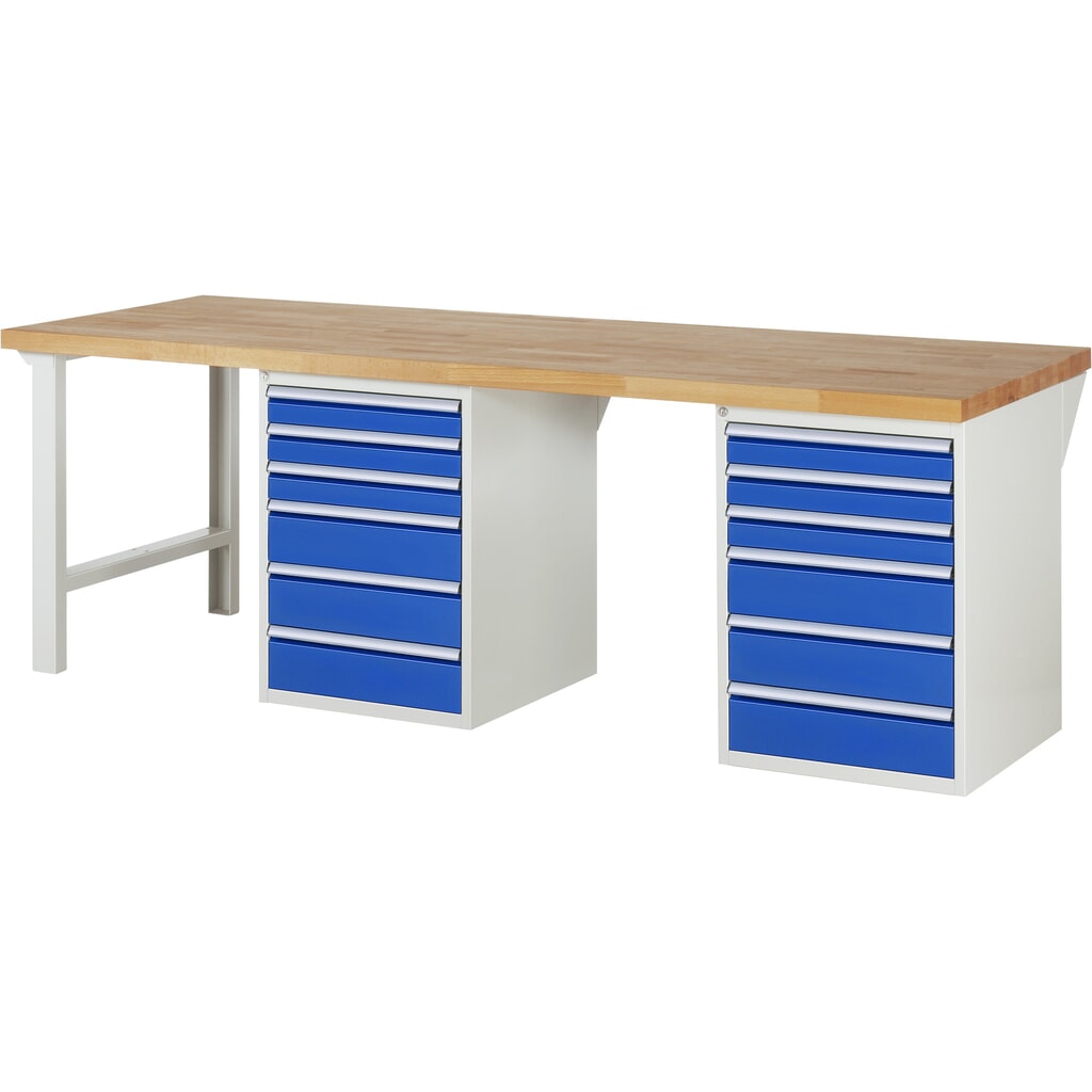 RAU Werkbank Serie 7000, 2 Container, HxBxT 890 x 2.500 x 900 mm, 12 x 90%-Auszug-Schubladen 6 x 90 mm, 6 x 150 mm Produktabbildung: RAU Werkbank Serie 7000, 2 Container, HxBxT 890 x 2.500 x 900 mm, 12 x 90%-Auszug-Schubladen 6 x 90 mm, 6 x 150 mm