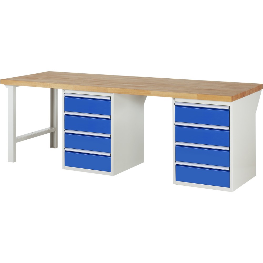 Produktabbildung: RAU Werkbank Serie 7000, 2 Container, HxBxT 890 x 2.500 x 900 mm, 8 x 90%-Auszug-Schubladen 8 x 180 mm
