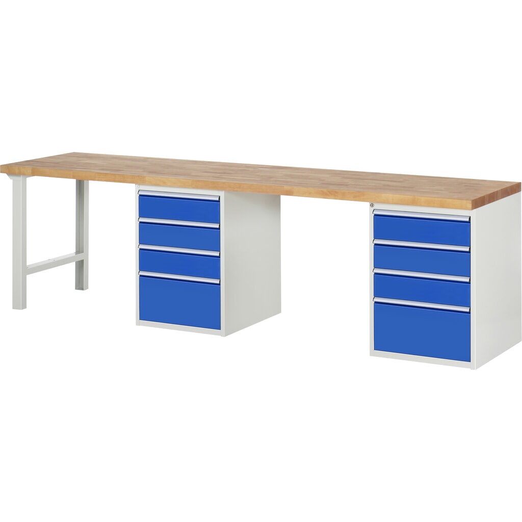 RAU Werkbank Serie 7000, 2 Container, HxBxT 890 x 3.000 x 700 mm, 8 x 90%-Auszug-Schubladen 6 x 150, 2 x 270 mm Produktabbildung: RAU Werkbank Serie 7000, 2 Container, HxBxT 890 x 3.000 x 700 mm, 8 x 90%-Auszug-Schubladen 6 x 150, 2 x 270 mm