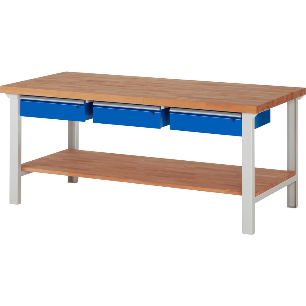 Produktabbildung Nr. 1: RAU Werkbank Serie 7000, 1 Buche-Massiv-Ablageboden, HxBxT 840 x 2.000 x 900 mm, 3 Schubladen 3 x 150 mm
