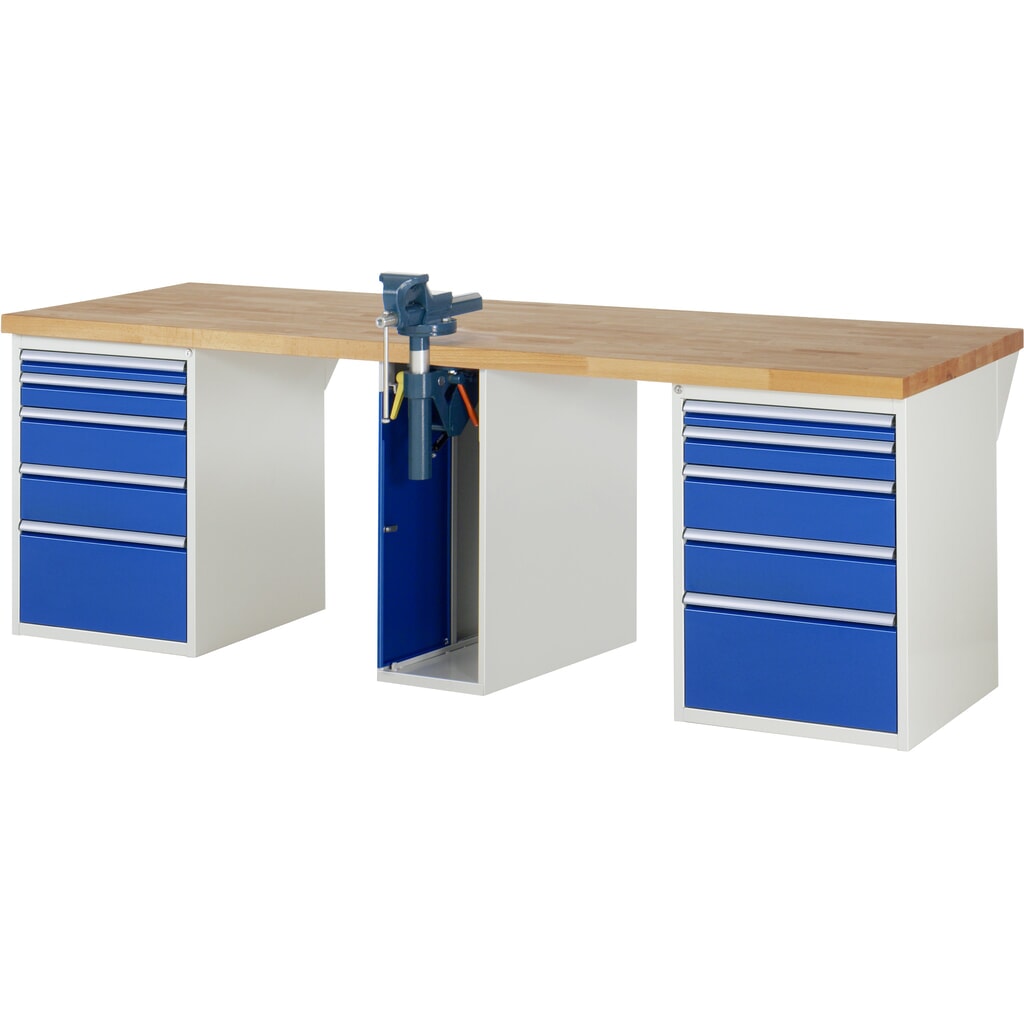 Produktabbildung: RAU Werkbank Serie 7000, 3 Container, HxBxT 890 x 2.500 x 900 mm, 10 x 90%-Auszug-Schubladen, Schraubstock