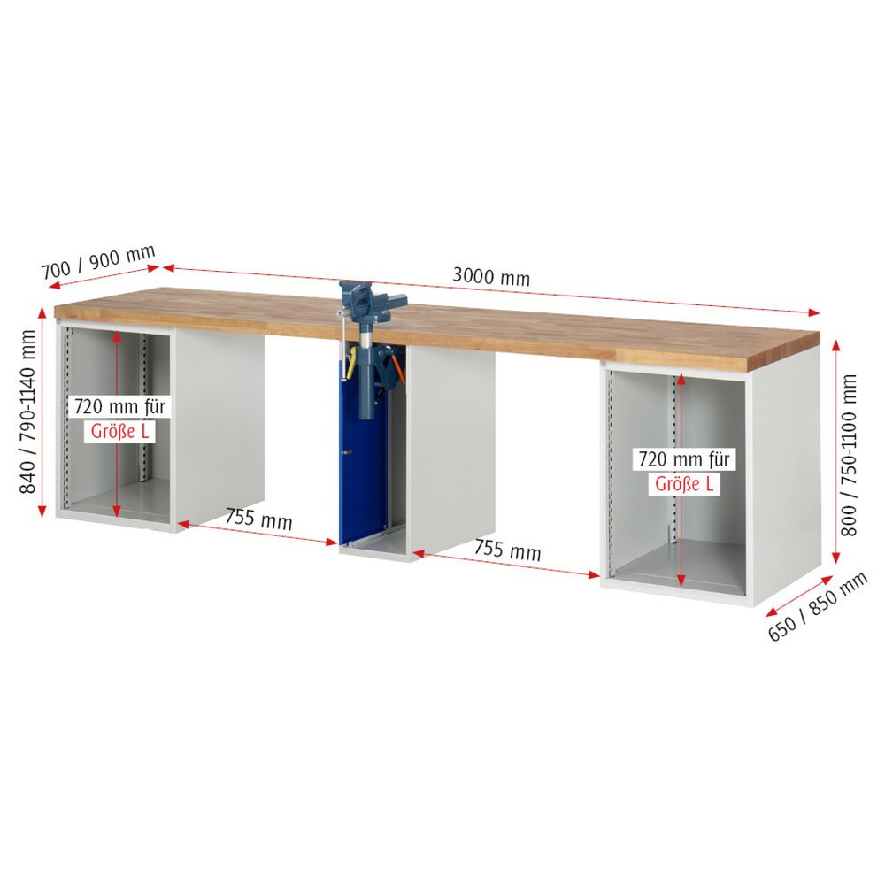 Produktabbildung Nr. 5: RAU Werkbank Serie 7000, 3 Container, HxBxT 890 x 3.000 x 700 mm, 8 x 100%-Auszug-Schubladen, 1 Schraubstock mittig