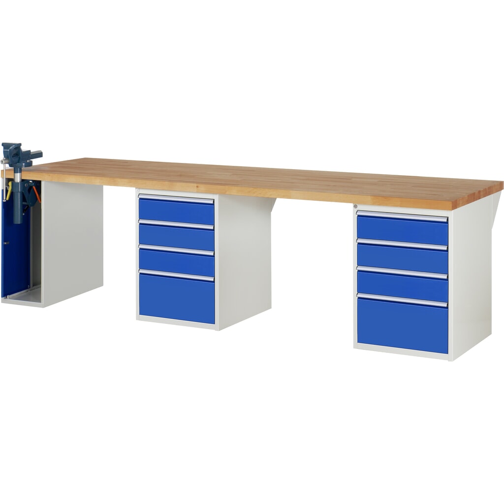 RAU Werkbank Serie 7000, 3 Container, HxBxT 890 x 3.000 x 900 mm, 8 x 90%-Auszug-Schubladen, 1 Schraubstock links Produktabbildung: RAU Werkbank Serie 7000, 3 Container, HxBxT 890 x 3.000 x 900 mm, 8 x 90%-Auszug-Schubladen, 1 Schraubstock links