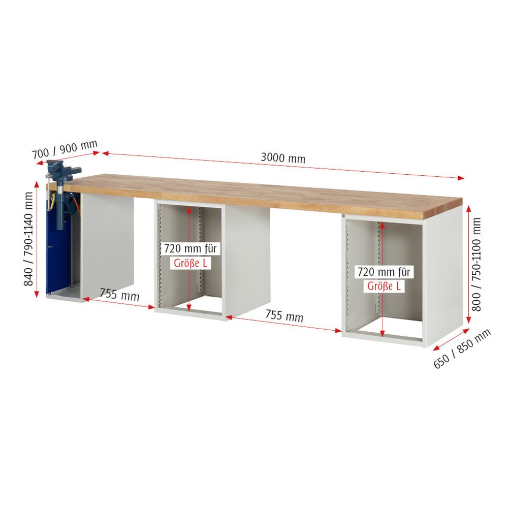 Produktabbildung Nr. 5: RAU Werkbank Serie 7000, 3 Container, HxBxT 890 x 3.000 x 700 mm, 8 x 100%-Auszug-Schubladen, 1 Schraubstock links