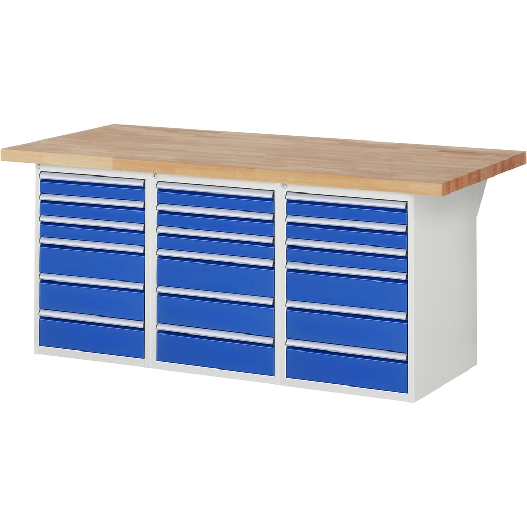 Produktabbildung: RAU Werkbank Serie 7000, 3 Container, HxBxT 890 x 2.000 x 900 mm, 18 x 90%-Auszug-Schubladen