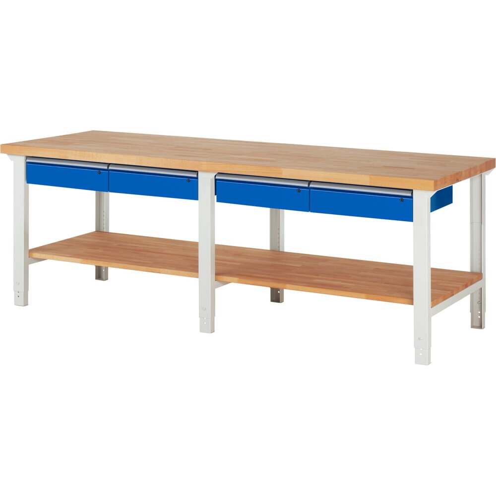 Produktabbildung: RAU Werkbank Serie 7000, 1 Buche-Massiv-Ablageboden, HxBxT 790-1.140 x 2.500 x 900 mm, 4 Schubladen 4 x 150 mm