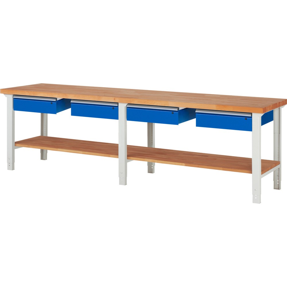 Produktabbildung Nr. 1: RAU Werkbank Serie 7000, 1 Buche-Massiv-Ablageboden, HxBxT 790-1.140 x 3.000 x 700 mm, 4 Schubladen 4 x 150 mm