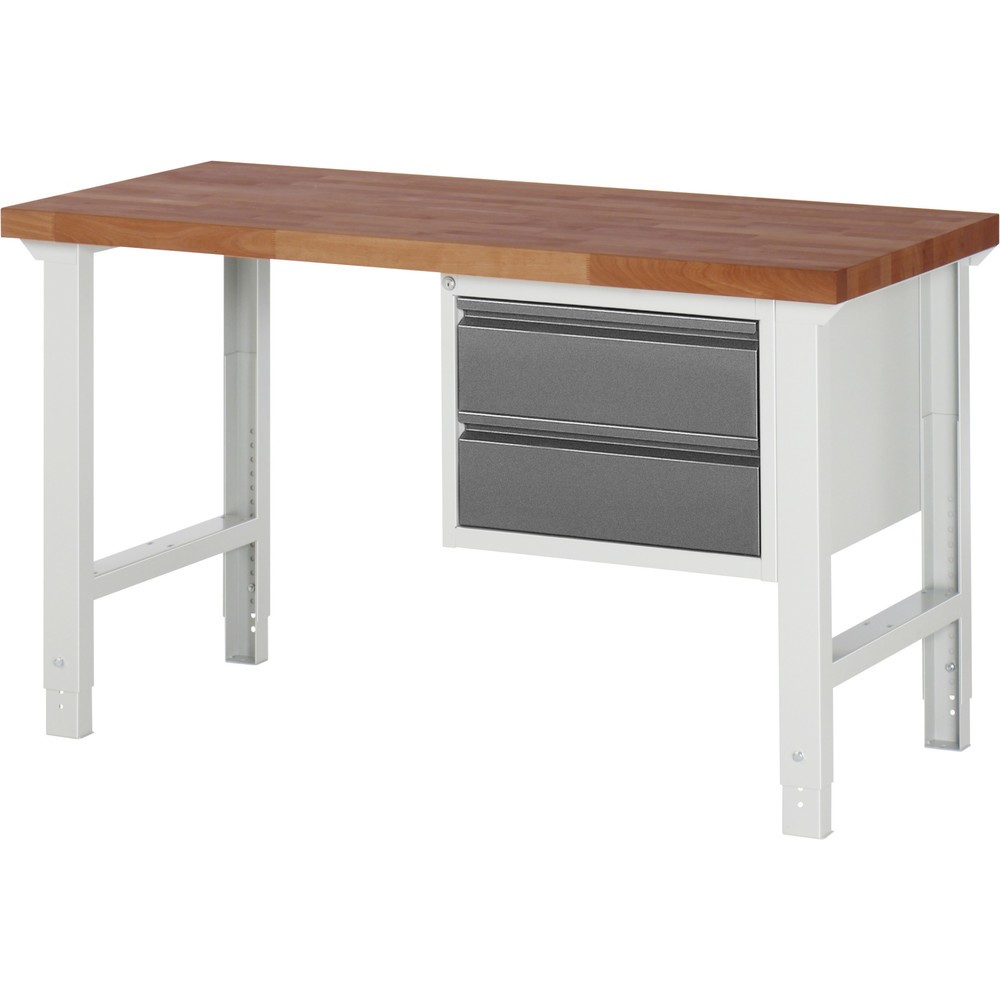Produktabbildung: RAU Werkbank Serie 7000, Rotbuche-Massiv-Arbeitsplatte, 1 Container, HxBxT 790-1.140 x 1.500 x 700 mm, 2 Schubladen 2 x 180 mm