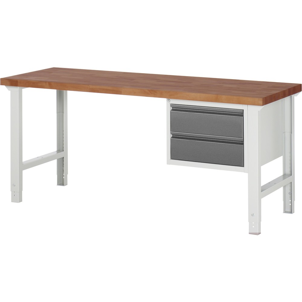 Produktabbildung Nr. 1: RAU Werkbank Serie 7000, Rotbuche-Massiv-Arbeitsplatte, 1 Container, HxBxT 790-1.140 x 2.000 x 700 mm, 2 Schubladen 2 x 180 mm