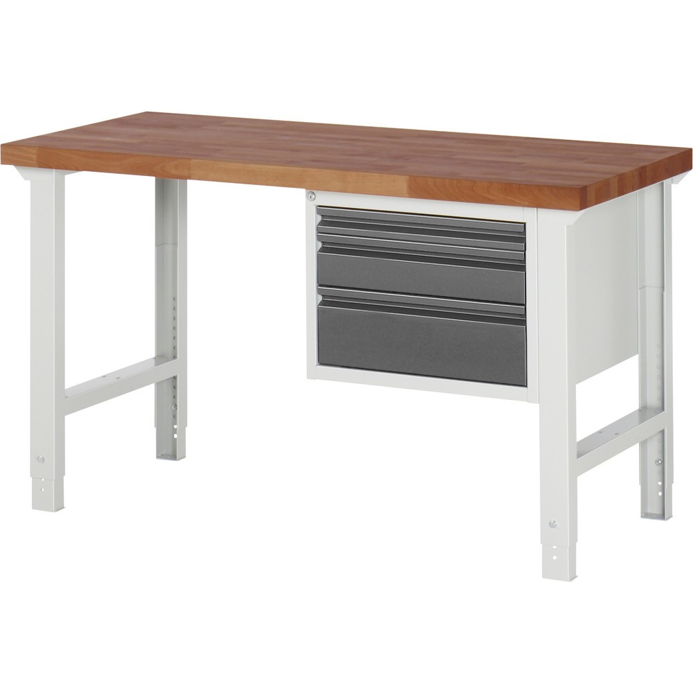 Produktabbildung Nr. 1: RAU Werkbank Serie 7000, Rotbuche-Massiv-Arbeitsplatte, 1 Container, HxBxT 790-1.140 x 1.500 x 700 mm, 3 Schubladen 1 x 60 mm, 1 x 120 mm, 1 x 180 mm