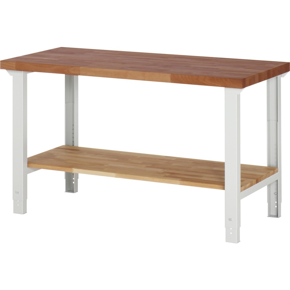 Produktabbildung: RAU Schwere Werkbank Serie 7000, Rotbuche-Massiv-Arbeitsplatte, 1 Buche-Massiv-Ablageboden, HxBxT 790-1.140 x 1.500 x 700 mm