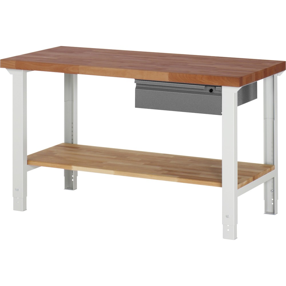 Produktabbildung: RAU Werkbank Serie 7000, Rotbuche-Massiv-Arbeitsplatte, 1 Schublade, 1 Buche-Massiv-Ablageboden, HxBxT 790-1.140 x 1.500 x 700 mm, 1 Schublade