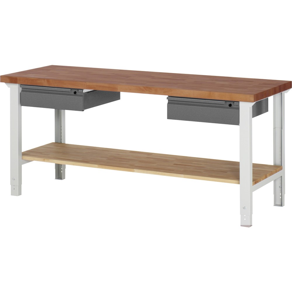Produktabbildung: RAU Werkbank Serie 7000, Rotbuche-Massiv-Arbeitsplatte, 2 Schubladen, 1 Buche-Massiv-Ablageboden, HxBxT 790-1.140 x 2.000 x 700 mm, 2 Schubladen
