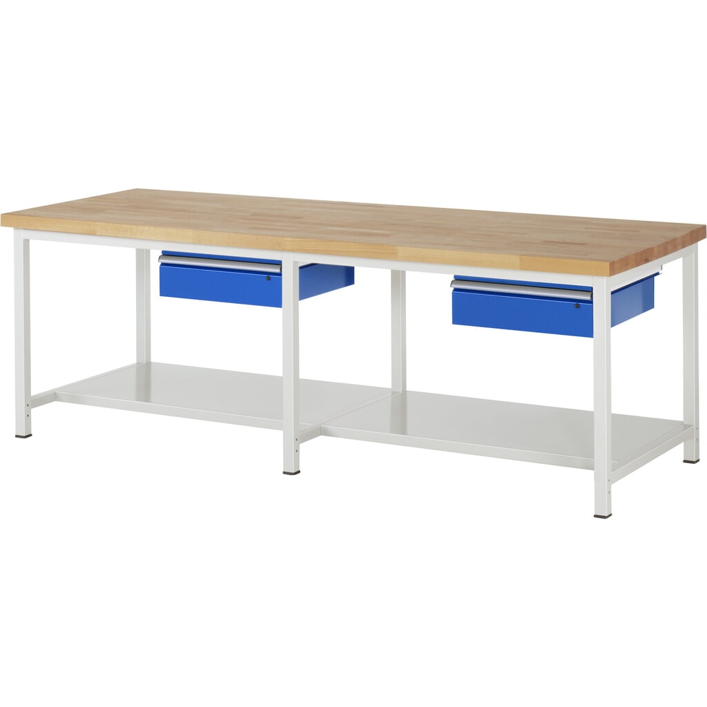 Produktabbildung: RAU Werkbank Serie 8000, HxBxT 840 x 2.500 x 900 mm, 2 Schubladen, 1 Ablageboden Tiefe 650 mm
