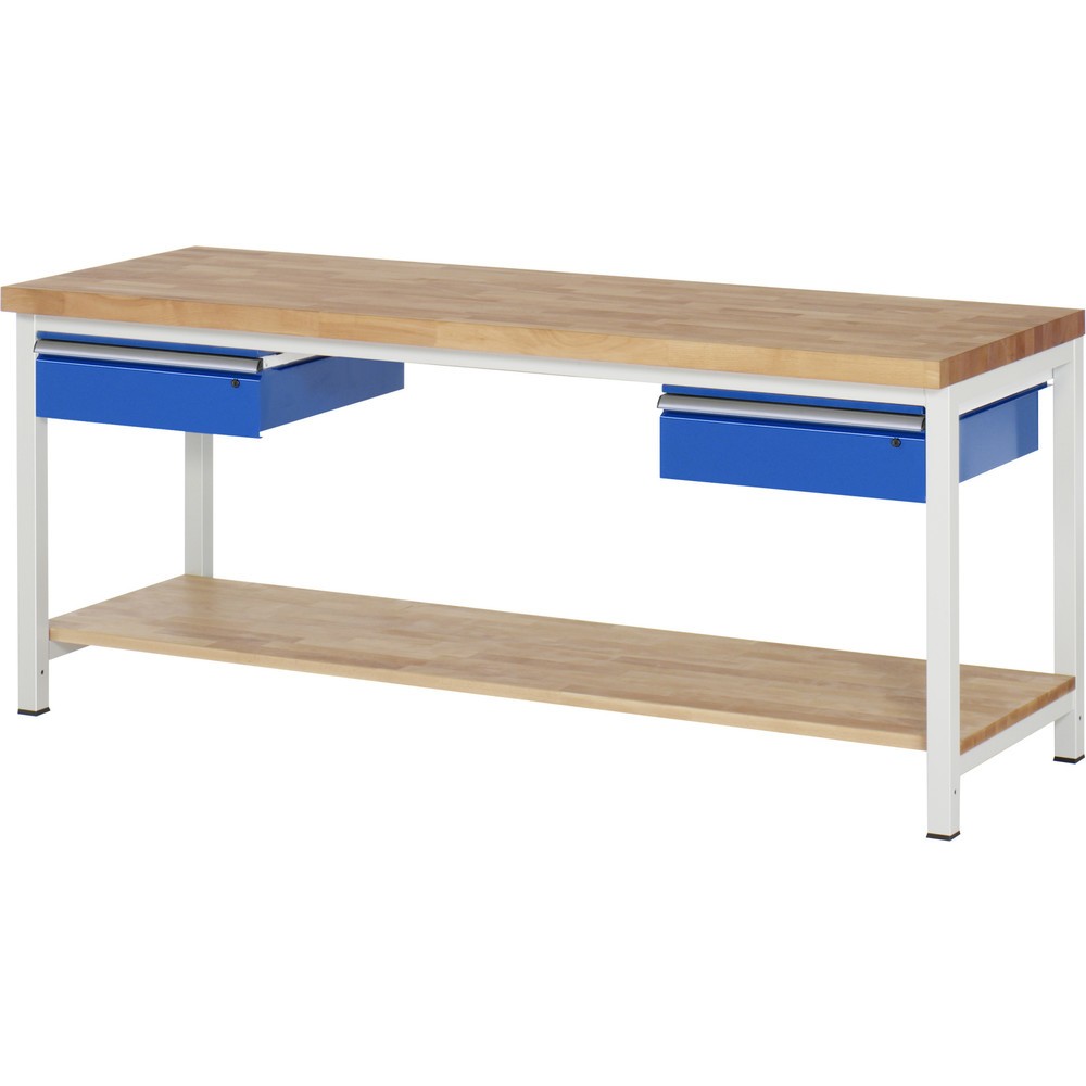 Produktabbildung Nr. 1: RAU Werkbank Serie 8000, HxBxT 840-1.040 x 2.000 x 700 mm, 2 Schubladen, 1 Buche-Massiv-Ablageboden
