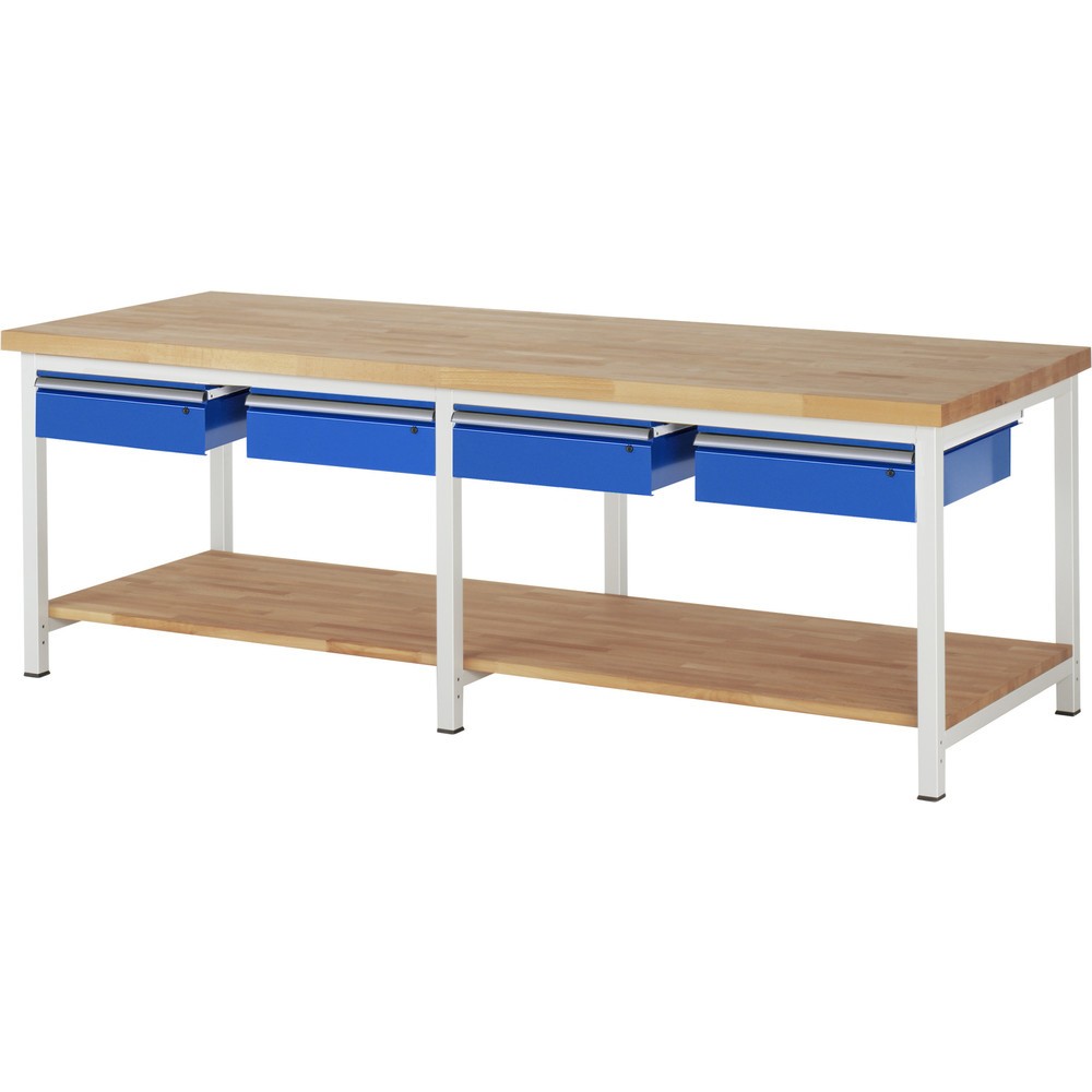 RAU Werkbank Serie 8000, HxBxT 840 x 2.500 x 900 mm, 4 Schubladen, 1 Buche-Massiv-Ablageboden Tiefe 757 mm Produktabbildung Nr. 1: RAU Werkbank Serie 8000, HxBxT 840 x 2.500 x 900 mm, 4 Schubladen, 1 Buche-Massiv-Ablageboden Tiefe 757 mm