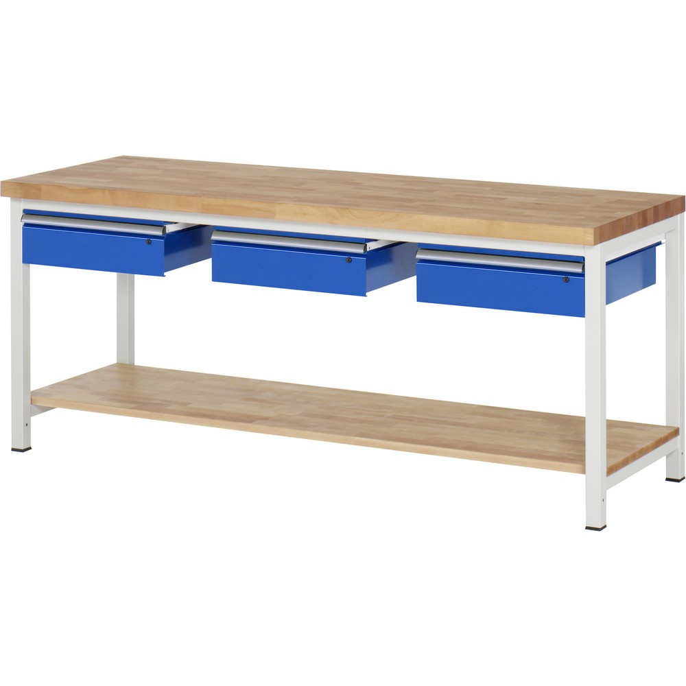 RAU Werkbank Serie 8000, HxBxT 840 x 2.000 x 700 mm, 3 Schubladen, 1 Buche-Massiv-Ablageboden mit Tiefe 557 mm Produktabbildung Nr. 1: RAU Werkbank Serie 8000, HxBxT 840 x 2.000 x 700 mm, 3 Schubladen, 1 Buche-Massiv-Ablageboden mit Tiefe 557 mm