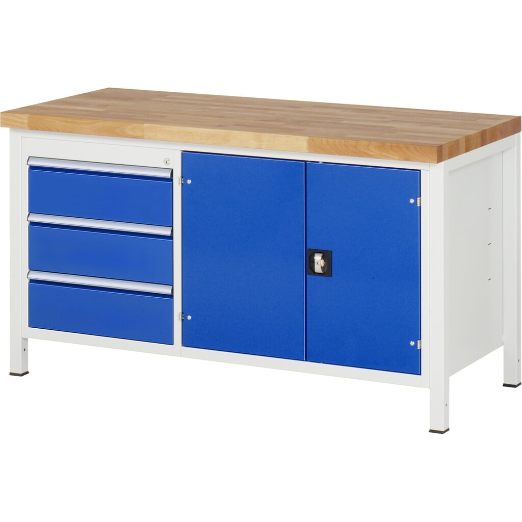 RAU Werkbank Serie 8000, 1 Doppel-Container, 1 Fachboden, 1 Doppel-Flügeltür, HxBxT 840 x 1.500 x 700 mm, 3 x 90%-Auszug-Schubladen Produktabbildung: RAU Werkbank Serie 8000, 1 Doppel-Container, 1 Fachboden, 1 Doppel-Flügeltür, HxBxT 840 x 1.500 x 700 mm, 3 x 90%-Auszug-Schubladen