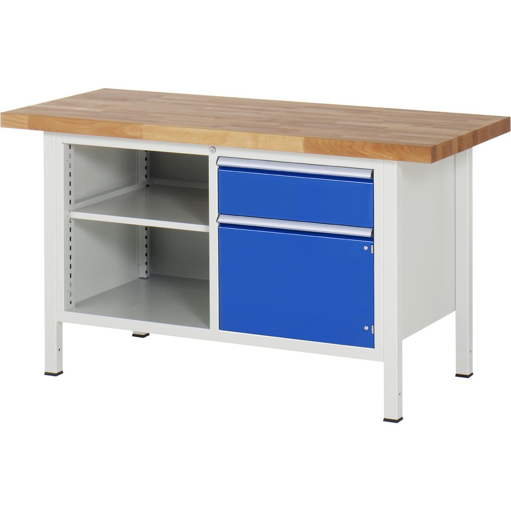 Produktabbildung Nr. 1: RAU Werkbank Serie 8000, 1 Doppel-Container, 1 Fachboden, 1 Flügeltür, HxBxT 840-1.040 x 1.500 x 700 mm, 1 x 90%-Auszug-Schublade, ErgoScript