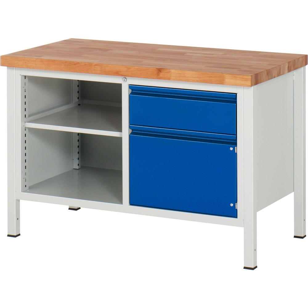 Produktabbildung Nr. 1: RAU Werkbank Serie 8000, 1 Doppel-Container, 1 Fachboden, 1 Flügeltür, HxBxT 840 x 1.250 x 700 mm, 1 x 90%-Auszug-Schublade, Griffleiste