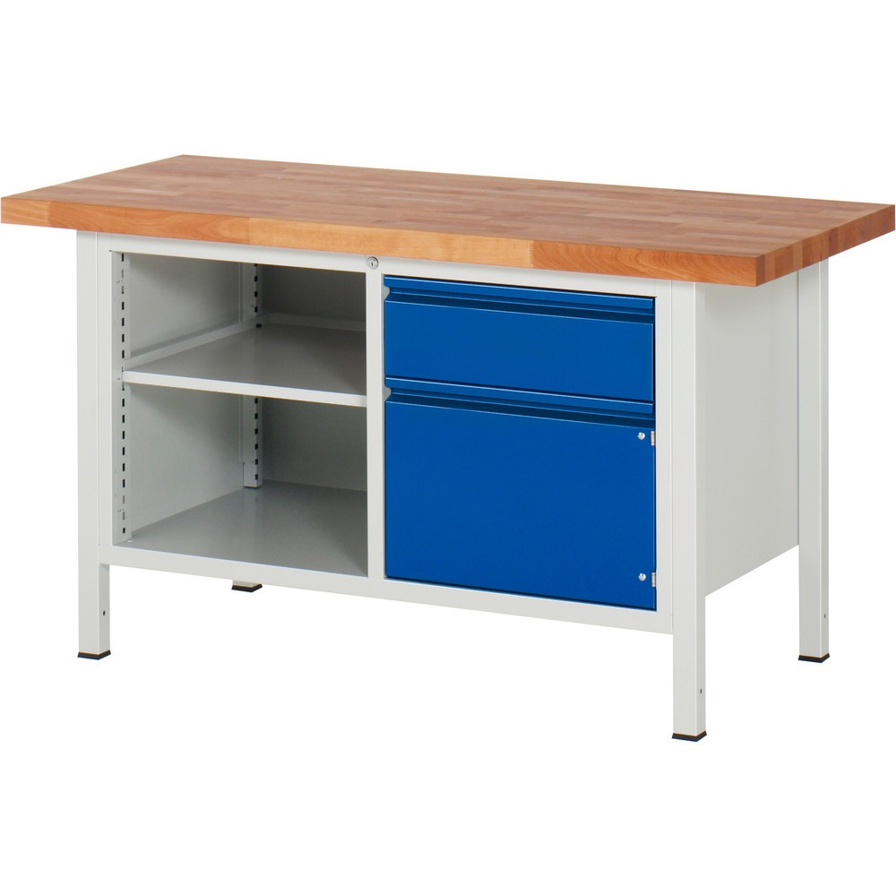 Produktabbildung: RAU Werkbank Serie 8000, 1 Doppel-Container, 1 Fachboden, 1 Flügeltür, HxBxT 840-1.040 x 1.500 x 700 mm, 1 x 90%-Auszug-Schublade, Griffleiste