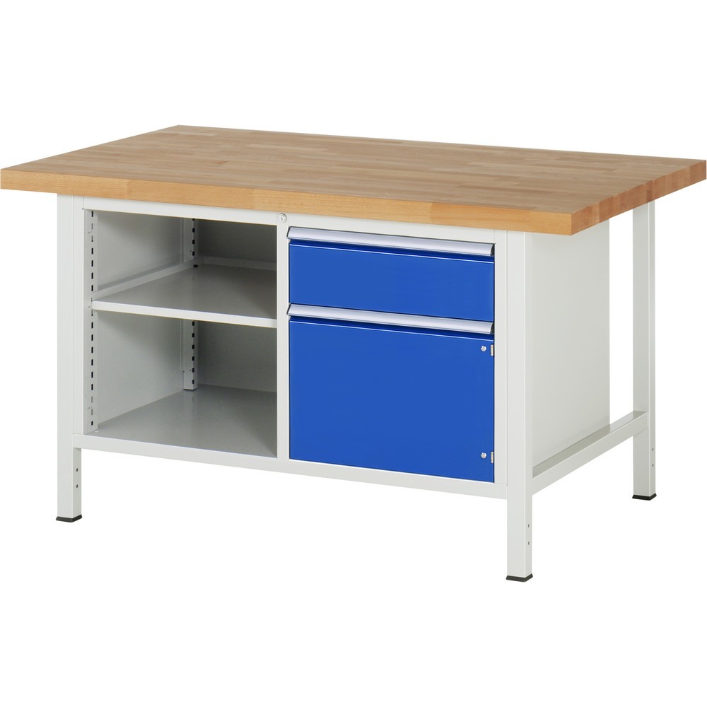 Produktabbildung Nr. 1: RAU Werkbank Serie 8000, 1 Doppel-Container, 1 Fachboden, 1 Flügeltür, HxBxT 840 x 1.500 x 900 mm, 1 x 90%-Auszug-Schublade, ErgoScript