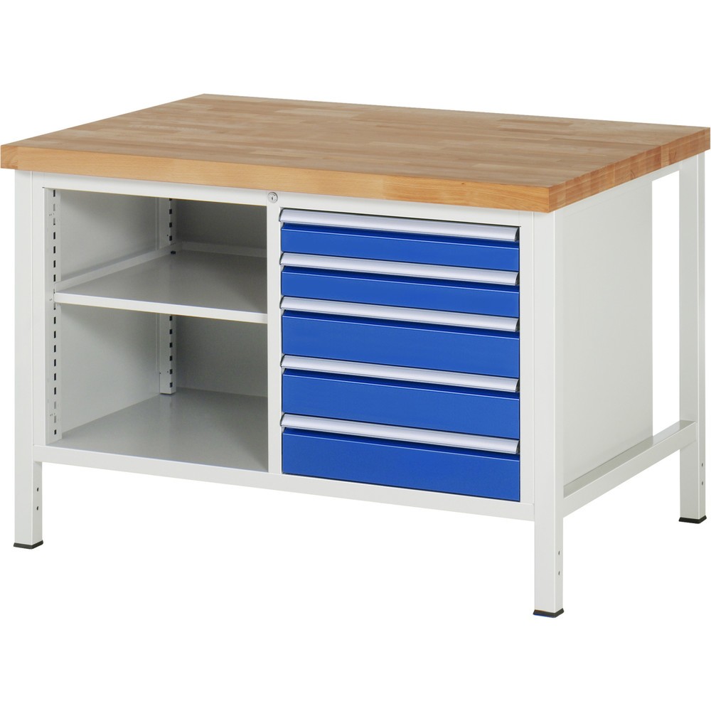 Produktabbildung: RAU Werkbank Serie 8000, 1 Doppel-Container, 1 Fachboden, HxBxT 840-1.040 x 1.250 x 900 mm, 5 x 90%-Auszug-Schubladen