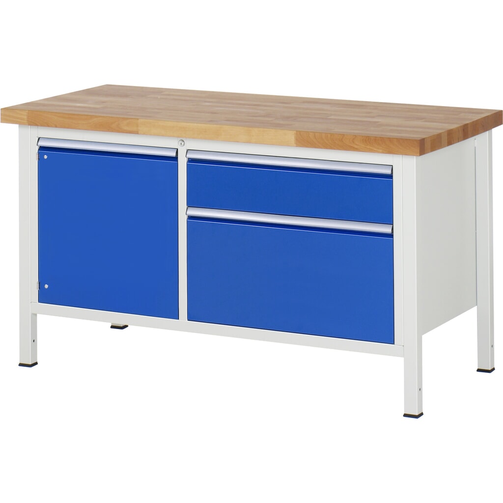 RAU Werkbank Serie 8000, 1 Doppel-Container, 1 Flügeltür, HxBxT 840-1.040 x 1.500 x 700 mm, 2 x 90%-Auszug-Schubladen Produktabbildung: RAU Werkbank Serie 8000, 1 Doppel-Container, 1 Flügeltür, HxBxT 840-1.040 x 1.500 x 700 mm, 2 x 90%-Auszug-Schubladen