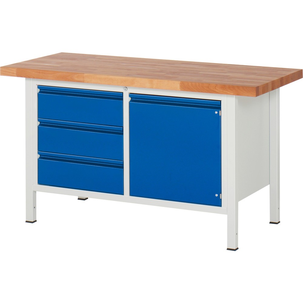 Produktabbildung Nr. 1: RAU Werkbank Serie 8000, 1 Doppel-Container, 1 Fachboden, 1 Flügeltür, HxBxT 840 x 1.500 x 700 mm, 3 x 90%-Auszug-Schubladen, Griffleiste