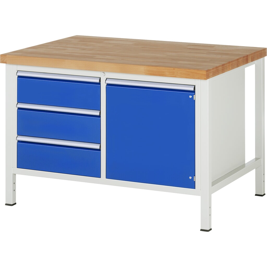 Produktabbildung: RAU Werkbank Serie 8000, 1 Doppel-Container, 1 Flügeltür, HxBxT 840-1.040 x 1.250 x 900 mm, 3 x 90%-Auszug-Schubladen, ErgoScript®