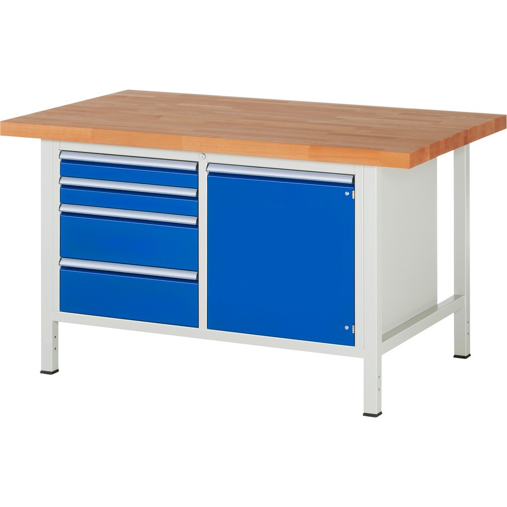 Produktabbildung: RAU Werkbank Serie 8000, 1 Doppel-Container, 1 Flügeltür, HxBxT 840 x 1.500 x 900 mm, 4 x 90%-Auszug-Schubladen