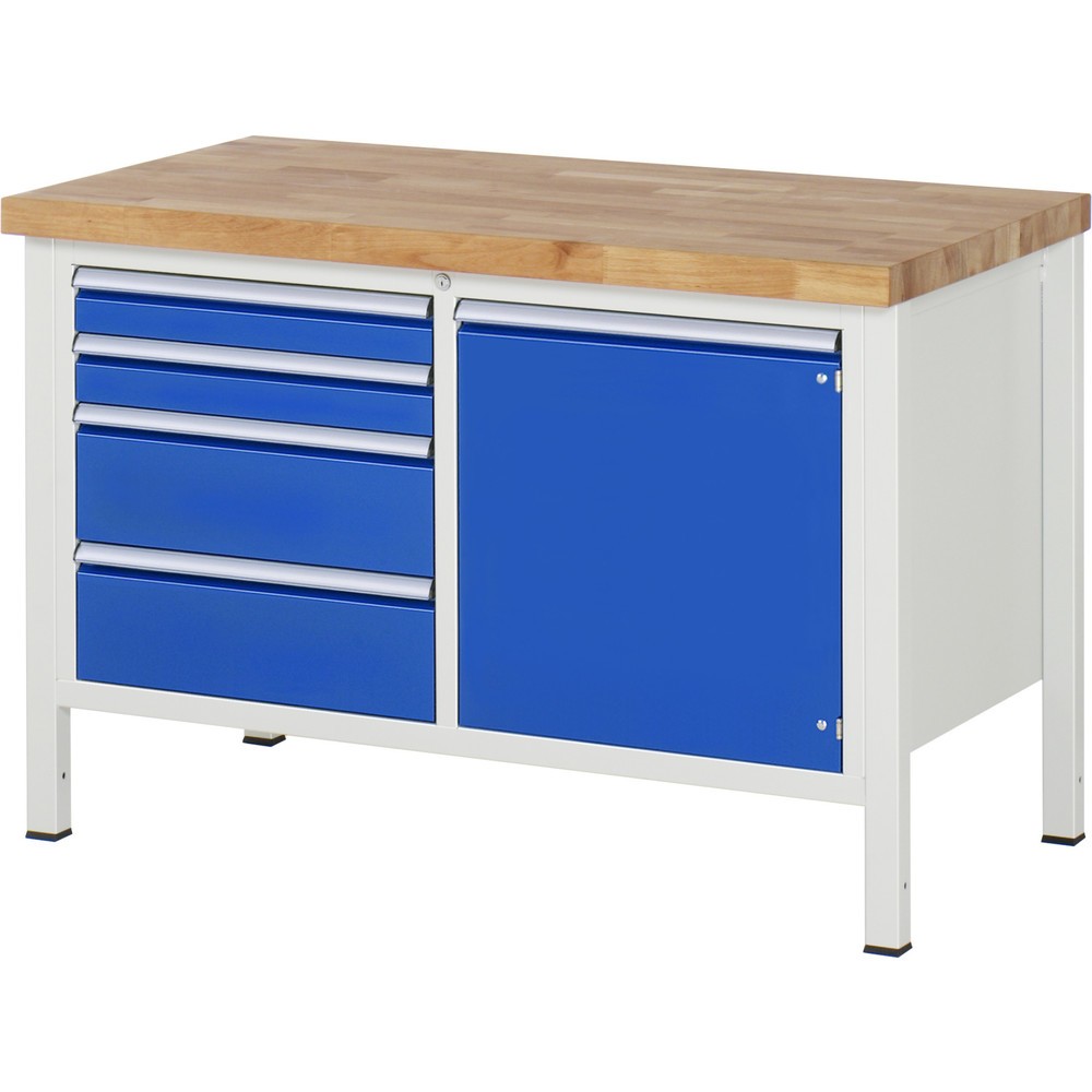 Produktabbildung: RAU Werkbank Serie 8000, 1 Doppel-Container, 1 Fachboden, 1 Flügeltür, HxBxT 840-1.040 x 1.250 x 700 mm, 4 x 100%-Auszug-Schubladen