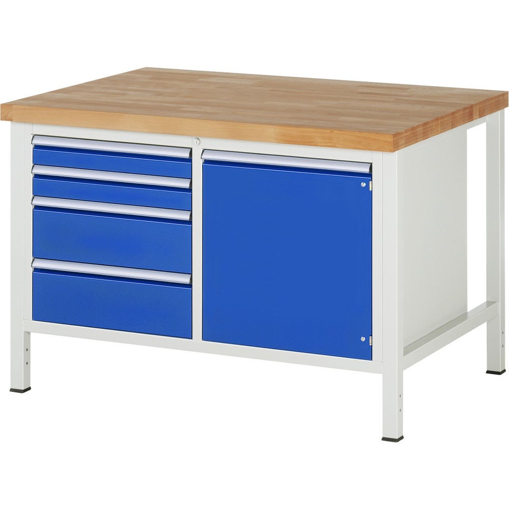 Produktabbildung Nr. 1: RAU Werkbank Serie 8000, 1 Doppel-Container, 1 Flügeltür, HxBxT 840 x 1.250 x 900 mm, 4 x 90%-Auszug-Schubladen