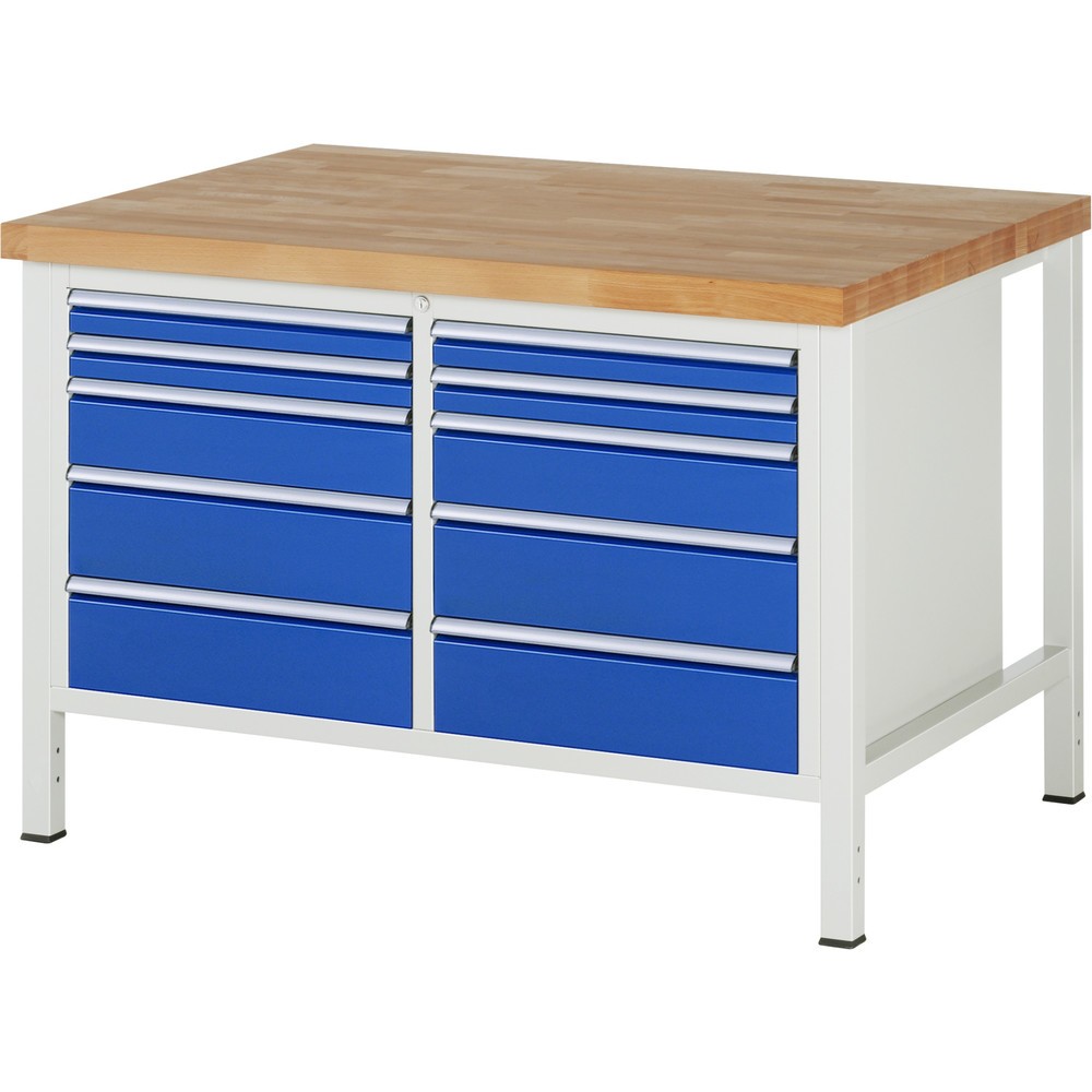 Produktabbildung: RAU Werkbank Serie 8000, 1 Doppel-Container, HxBxT 840-1.040 x 1.250 x 900 mm, 10 x 90%-Auszug-Schubladen, Schubladen-TK 100 kg