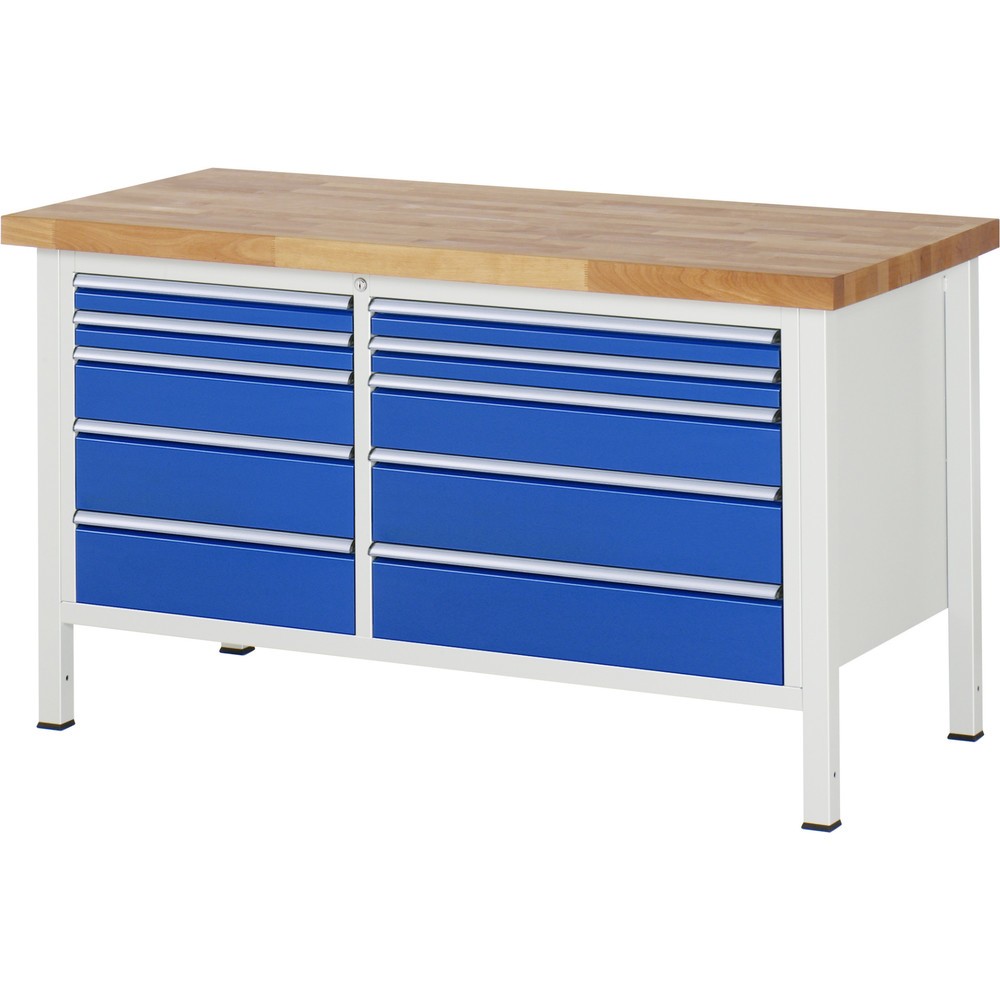 Produktabbildung: RAU Werkbank Serie 8000, 1 Doppel-Container, HxBxT 840-1.040 x 1.500 x 700 mm, 10 x 90%-Auszug-Schubladen, Schubladen-TK 75/100 kg