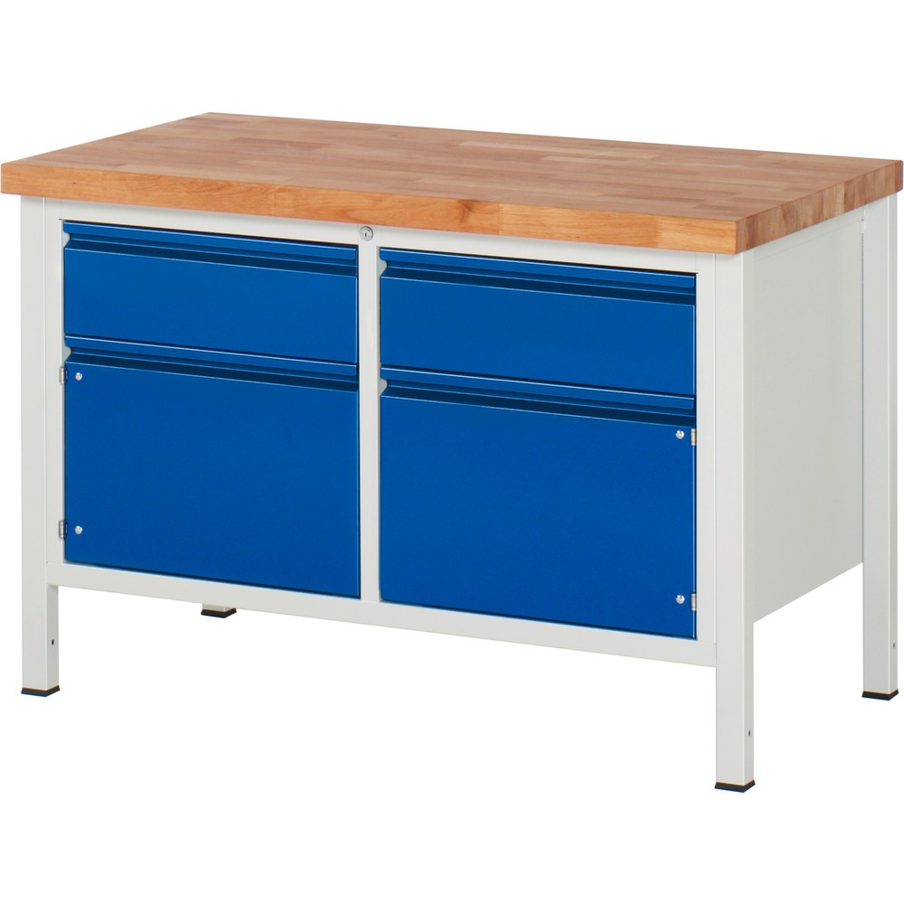 Produktabbildung: RAU Werkbank Serie 8000, 1 Doppel-Container, 2 Flügeltüren, HxBxT 840-1.040 x 1.250 x 700 mm, 2 x 90%-Auszug-Schubladen, Griffleiste