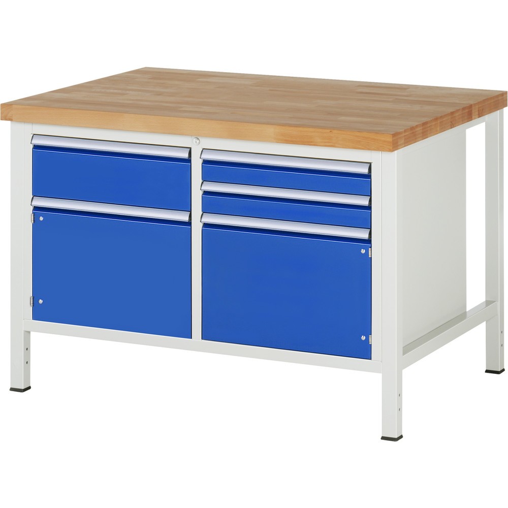 Produktabbildung: RAU Werkbank Serie 8000, 1 Doppel-Container, 2 Flügeltüren, HxBxT 840-1.040 x 1.250 x 900 mm, 3 x 100%-Auszug-Schubladen