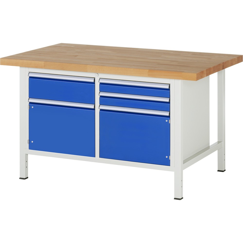 Produktabbildung: RAU Werkbank Serie 8000, 1 Doppel-Container, 2 Flügeltüren, HxBxT 840-1.040 x 1.500 x 900 mm, 3 x 100%-Auszug-Schubladen
